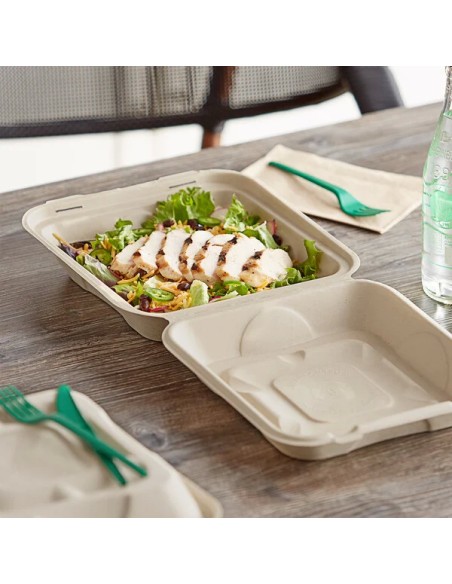 9" x 9" x 3" Compostable PLA Lined Fiber Clamshell Container - 150/Case