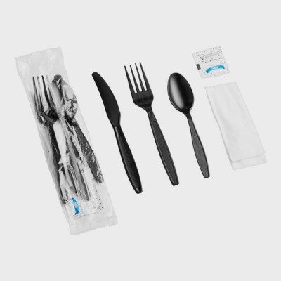 Black Heavy Weight Wrapped Plastic Cutlery Pack with...