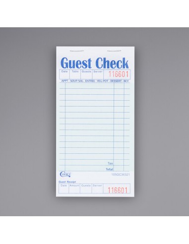 2 Part Green and White Carbonless Guest Check...