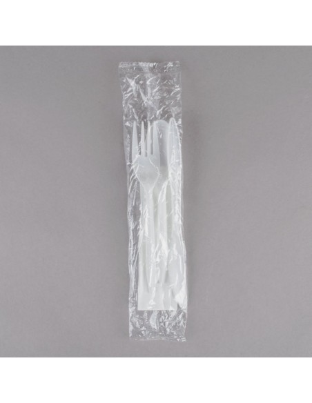 Medium Weight White Wrapped Plastic Cutlery 4 Set with Napkin 500/Case